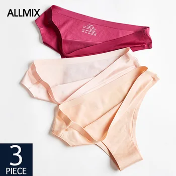 

ALLMIX 3Pcs/lot Sexy Women's Seamless T-Back Panties Sets Underwear Comfort Thong G-String Solid Silk Female Tanga Lady Lingerie