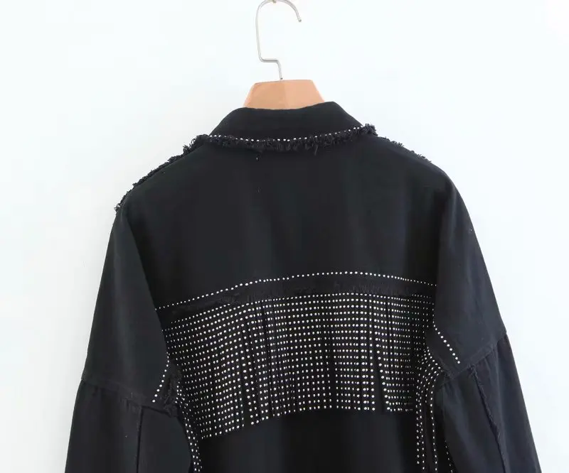Womens Black Long Sleeve Lapel Slim Fringe Decorative Jacket 2019 Autumn New Hot Drilling Raw Edge Casual Street Coat Female