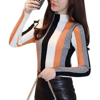 

2019 Autumn Spring Sweater Women Stripes Color Matching Stitching Print Loose Long Sleeved Half High Collar Casual Sweater: