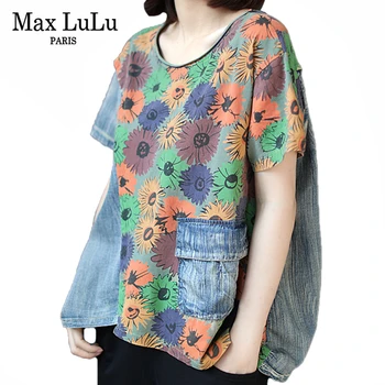 

Max LuLu 2020 Summer Chinese Style Fashion Ladies Floral Printed Tee Shirts Womens Vintage Denim T-shirts Patchwork Female Tops