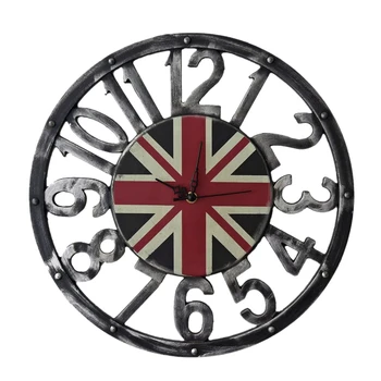 

Retro Nostalgic Wall Decoration the British Flag Wooden Hollow Out Digital Mute Wall Clock Rimless Bracket Clock Home Decor