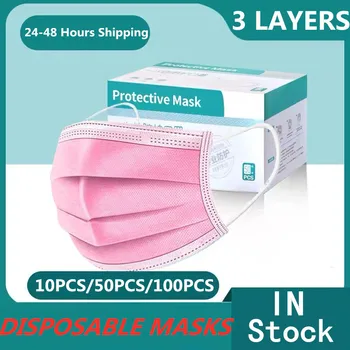

50Pcs Pink Face Mask Disposable Mouth Face Masks Anti Pollution Dust Mouth Caps 3-Layer Breathing Hygiene Mask Fast Shipping