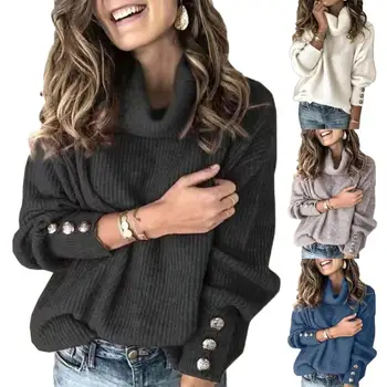 

Casual Women Autumn Winter Turtle Neck Buttons Cuff Pullover Ribbed Sweater Knitted Sweater Pullover Knitted Casual Streetwear