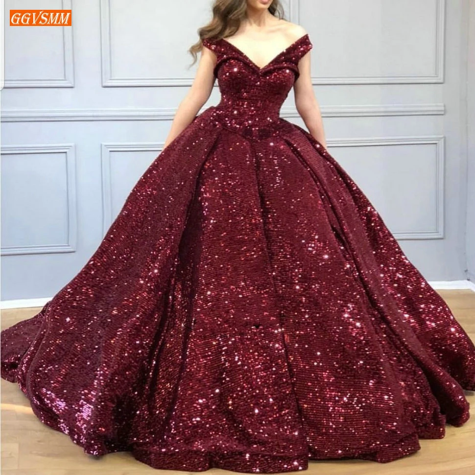 

Sparkly Arabic Evening Dresses Long V Neck Bling Sequined Burgundy Ball Gown Formal Dress High Quality Custom Made Evening Gowns