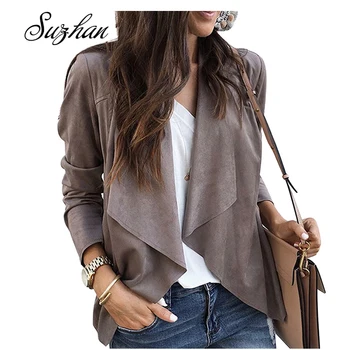 

Suzhan New Women Faux Suede Cardigan Jacket Lapel Irregular Long Sleeve Thin Coat Tops Biker Bomber Jackets Female Outwear