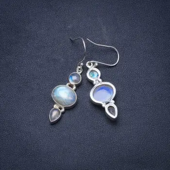 

Natural Rainbow Moonstone Handmade Unique 925 Sterling Silver Earrings 2" Y0252