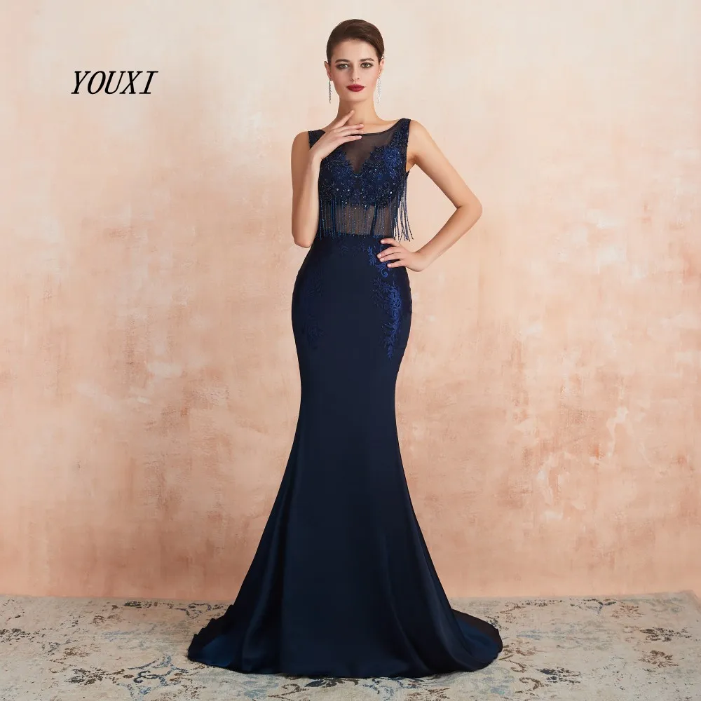 Тёмно-синий YOUXI Robe de Soiree вечернее платье сексуальное с открытой спиной Бисероплетение кисточкой длинное вечернее платье Русалка Вечерние платья Abendkleider Lang - Цвет: Тёмно-синий