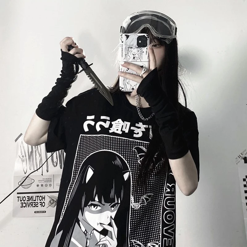 

2022 Summer Harajuku Women T Shirt Tops Gothic Dark Loose Short Sleeved TShirt 90s Cartoon Anime Cartoon Casual T-shirts Clothes