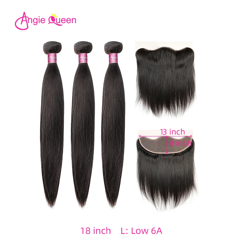 

Angie Queen Straight Indian Remy Hair Natural Color Hair Bundles With Frontal Lace Frontal With 3 100% Human Hair Bundles L