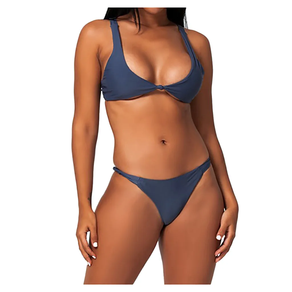 Swimwear Two Piece Women Solid Tie Knot Front High Cut Biquini Bikinis Set Swimsuit Bathing Suit Maillot De Bain Femme 2020 | Женская
