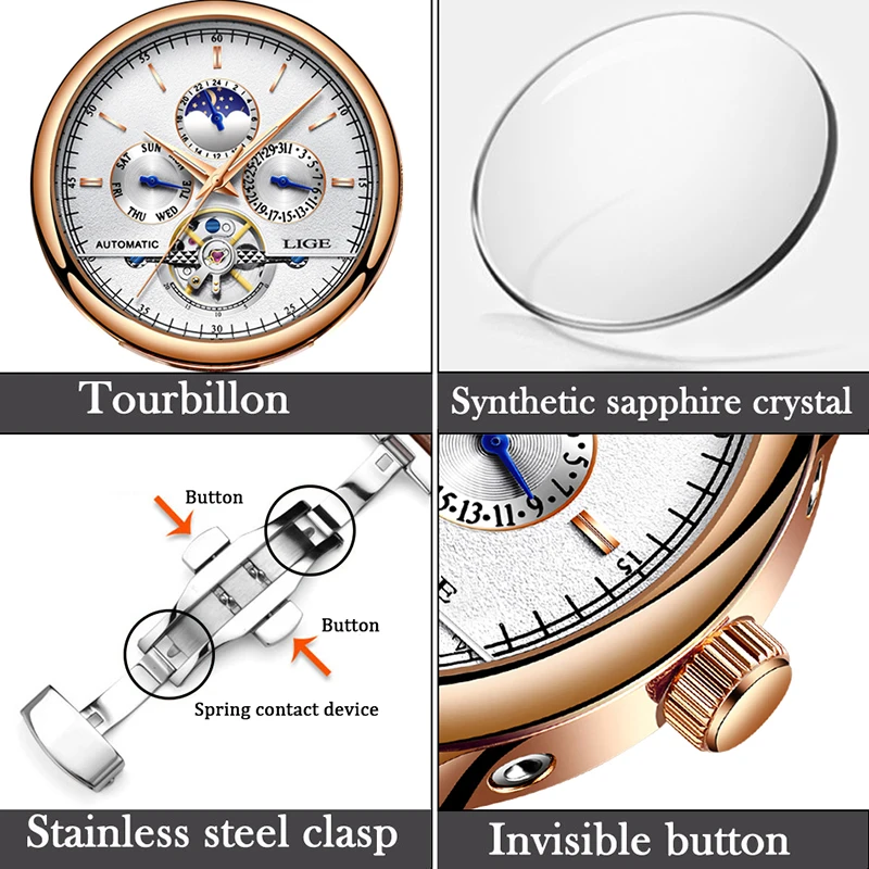 Mechanical Watch Diver Watch Mens Automatic Mechanical Watch Leather Waterproof Watch Week Clock+Box