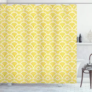 

Yellow Shower Curtain, Vintage Hand Drawn Style Shaded Oriental Patterns Geometric Lines Motifs, Cloth Fabric Bathroom Decor Set