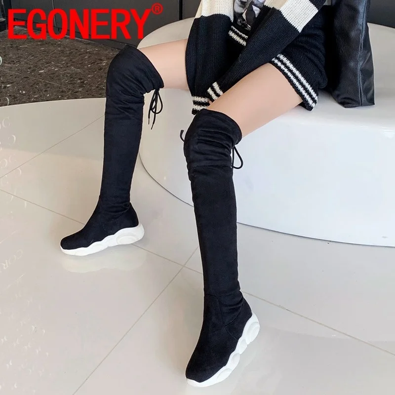 EGONERY/ г., новые теплые зимние сапоги выше колена в сдержанном стиле удобная женская обувь на платформе со средним каблуком, большие размеры Прямая