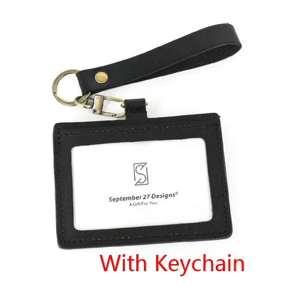 Ремешок для ID бейджа, чехол из чистой натуральной кожи, держатель для кредитных/автобусных карт, аксессуары, брелок, топ из воловьей кожи, кошелек для монет и ID - Цвет: Black-Keychain