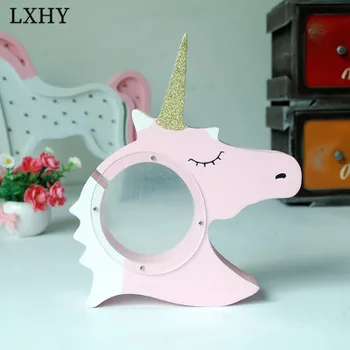 

LXHY Idyllic Woodiness Handicraft Lovely Piggy Bank Children's Room Unicorn Transparent Adornment Piggy Bank