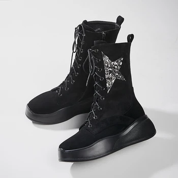 

Women's genuine suede leather platform flats ankle boots thick sole leisure martin boots punk short Motorcycle boots shoes women