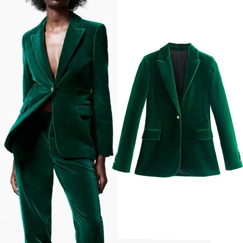 European America Women's Dark Green Velvet Blazer Jacket Elegant Ladies