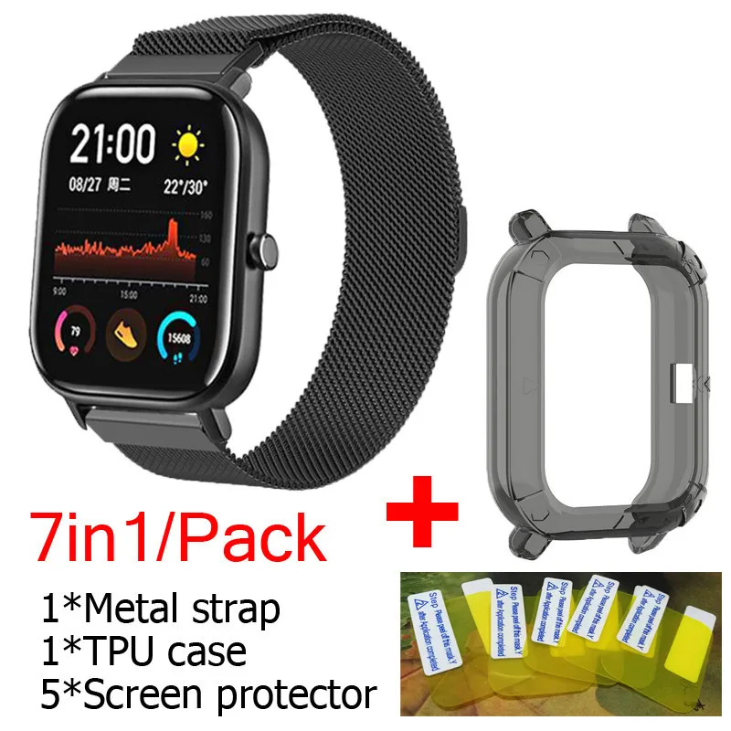 7в1 металлический ремень для huami amazfit GTS ремешок крепкий Магнитный привлекательный ремешок для часов браслет TPU чехол Защитная пленка для экрана - Цвет: black-black