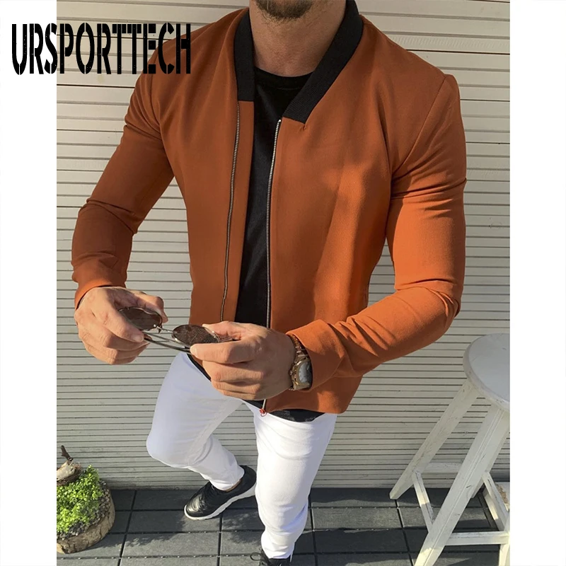 URSPORTTECH демисезонные мужские куртки, однотонные модные пальто на молнии, мужские повседневные приталенные куртки с воротником-стойкой, мужской Бомбер, Мужское пальто