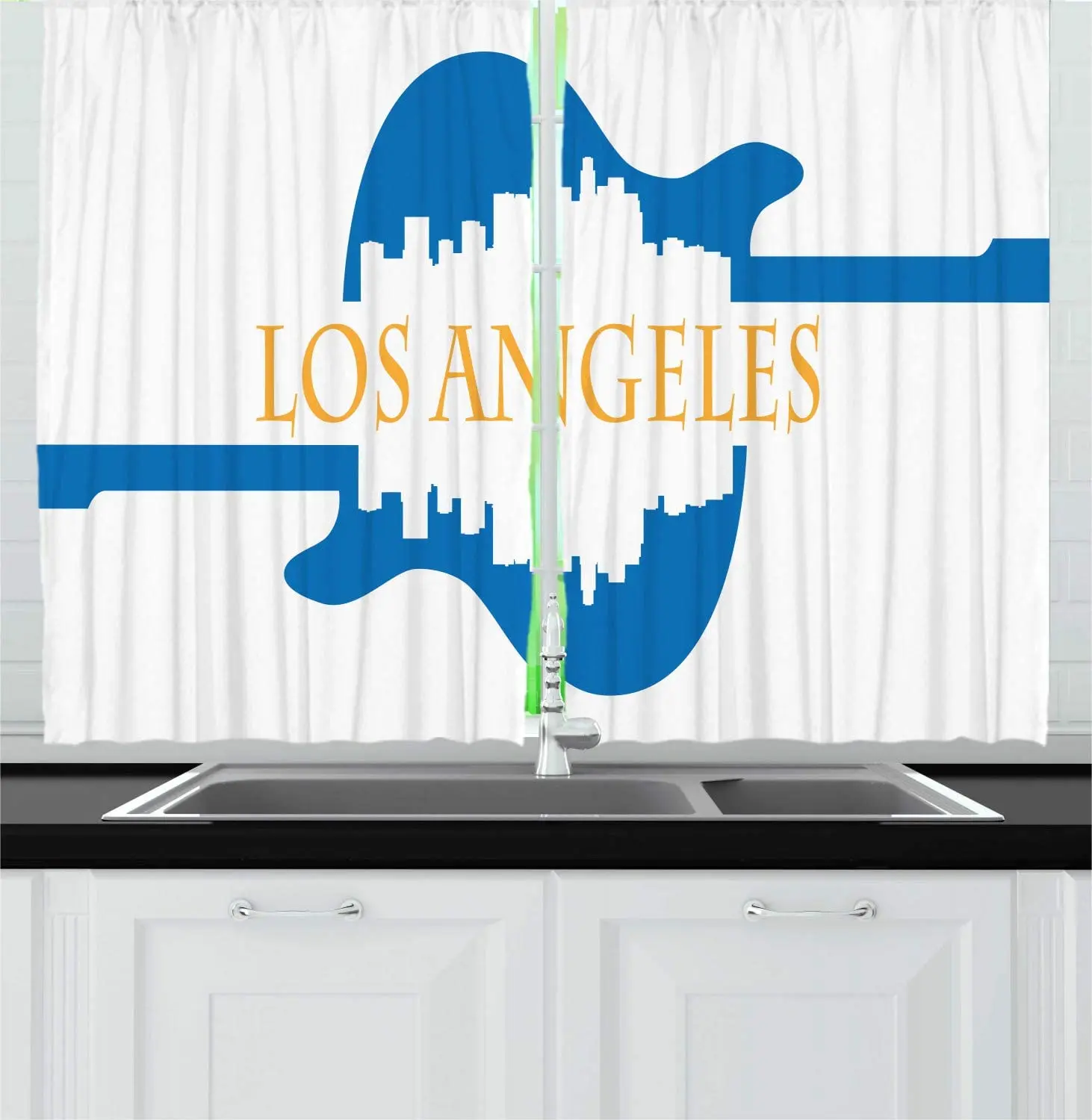 White Sea Blue Marigold California Kitchen Curtains Los Angeles City Designed with High Rise Buildings Guitar for Cafe | Дом и сад