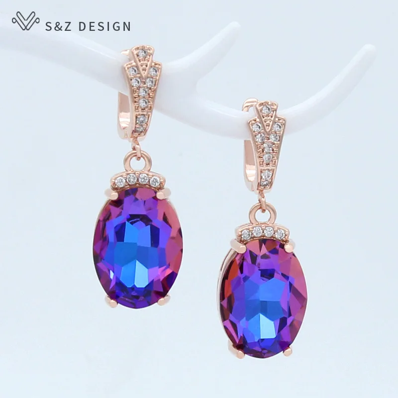 S&Z DESIGN New Fashion Oval Large Crystal Dangle Earrings For Women Wedding Luxury 585 Rose Gold Color Zirconia Jewelry