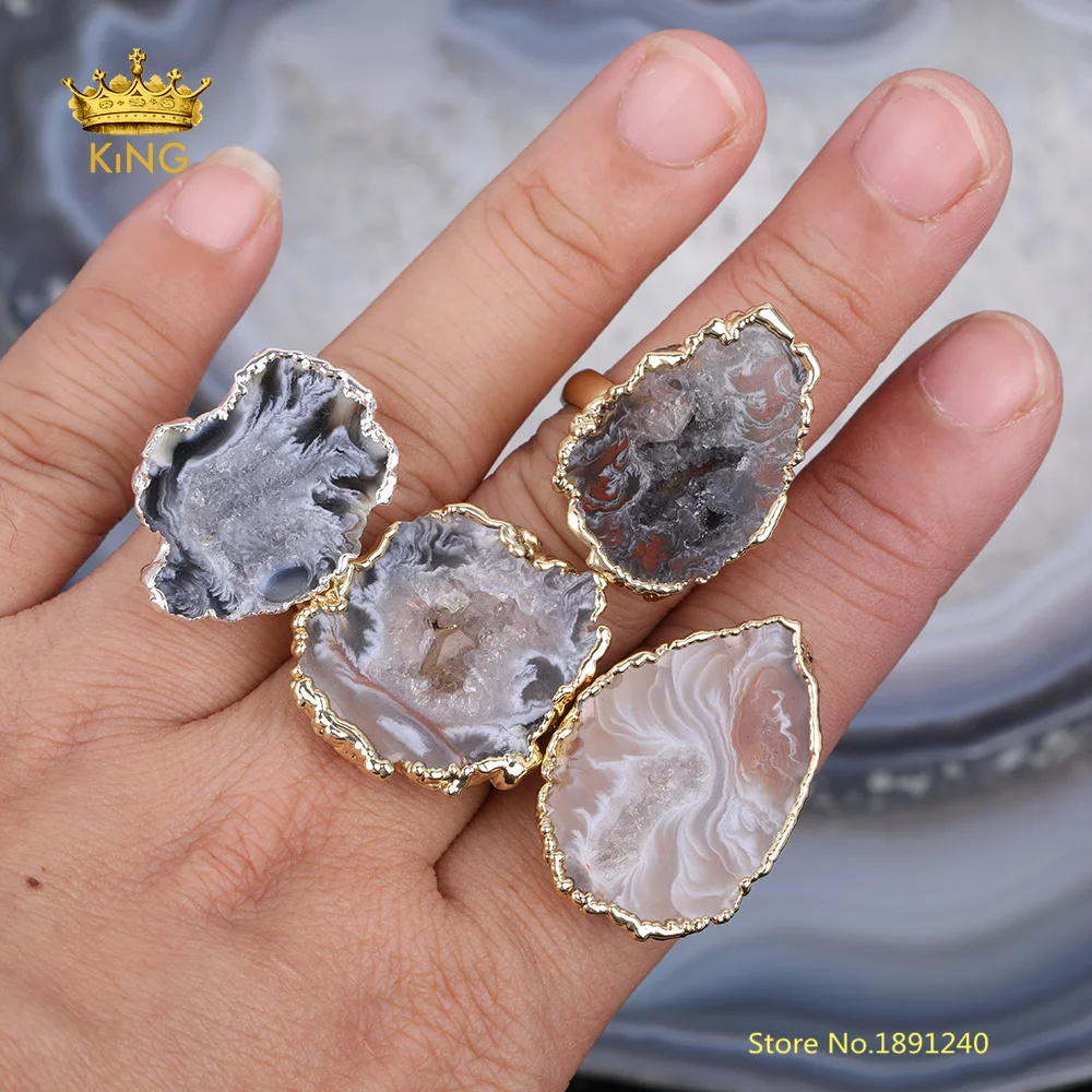 5 шт Rock Druzy Регулируемые кольца поставки, Натуральный Druzy Агаты ломтик бусины многокаменное кольцо, Druzy Кольца красота талисманы ювелирные изделия