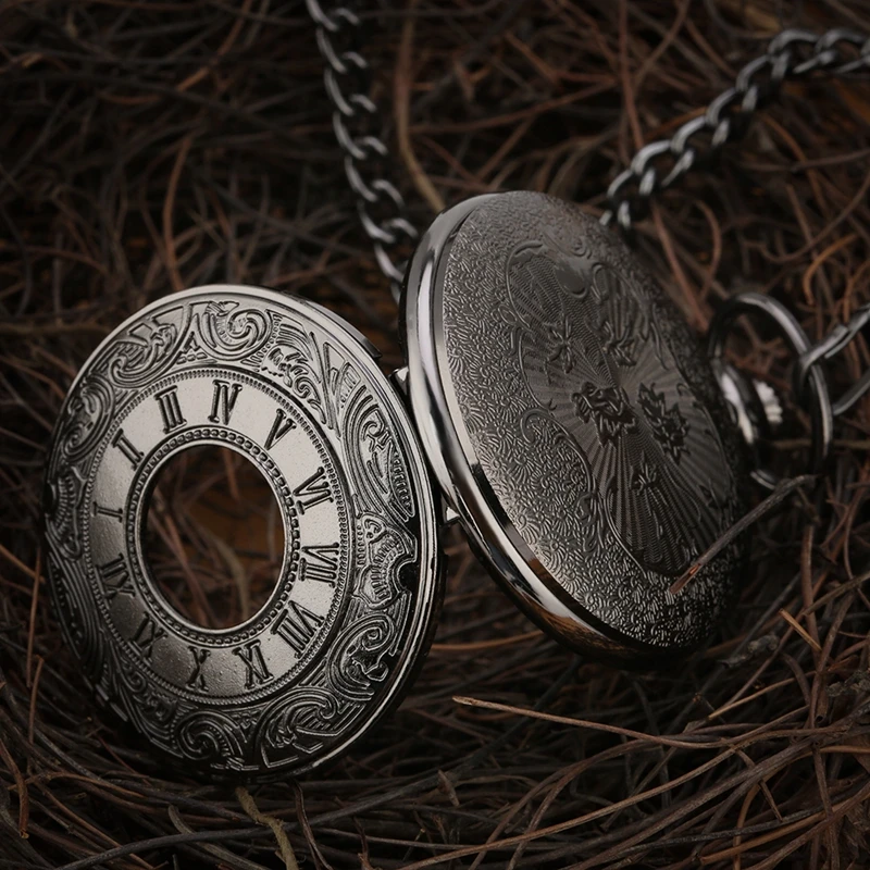 Black Roman Numerals Quartz Pocket Watch Men Women Black Hollow Case Steampunk Vintage Pendant Necklace Best Gifts for Men Women