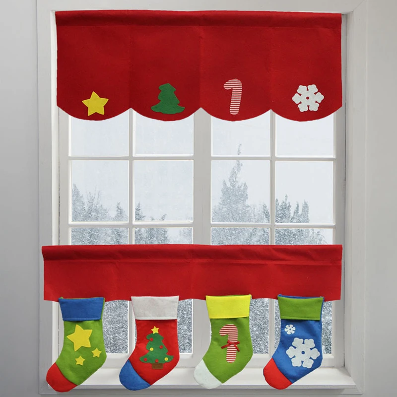 

2Pcs Snowflake Xmas Socks Christmas Decorative Props Window Curtain Valance Set Home New Year Window Decoration