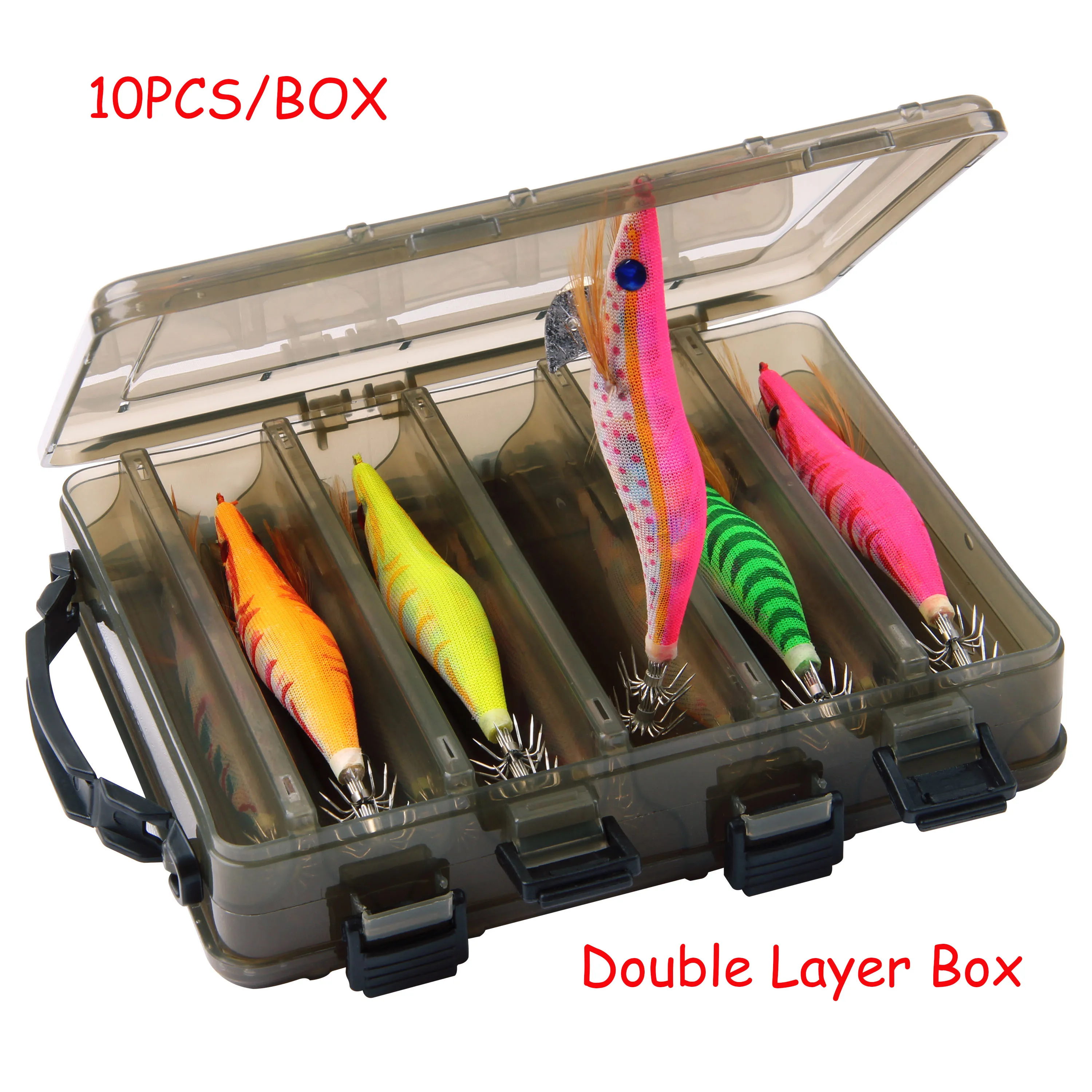 

10pcs/box Squid Bait Hook Wooden Shrimp Jig Fishing Lures Hooks Artificial Luminous Squid Jigg Lure With Double Layer Box