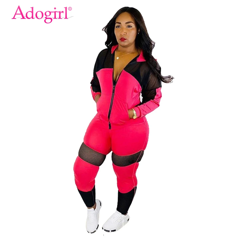 Adogirl прозрачная сетка, пэчворк, для женщин, спортивный костюм Новинка осени Повседневное комплект из двух предметов куртка на молнии с длинными рукавами топ+ штаны, костюм