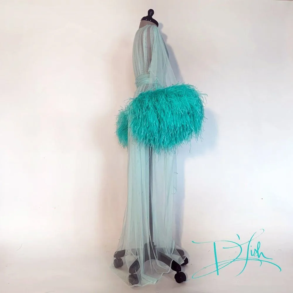 Turquoise Robe De Mariée Sexy Women Bathrobe Feather Sleepwear Nightgown Long Sleeve Long Robe Spa Bridal Boudoir Robe