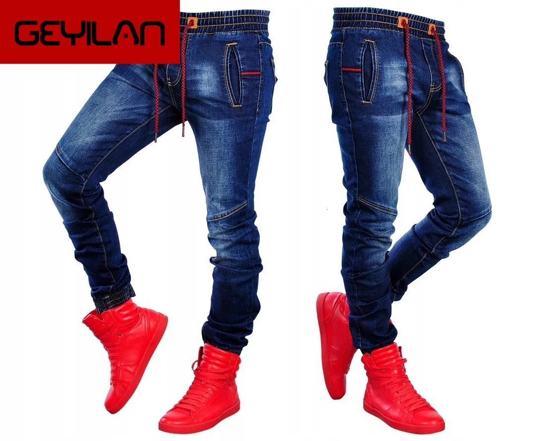 

Mens Pencil Jeans Striaght Pleated Biker Jean Pants Men's Slim Fit Brand Designer Blue Elasticity Denim Trousers Jeans Hombre