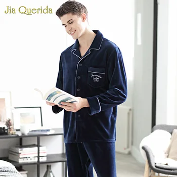 

Winter Warm Sleeping Suits Royal Blue Minimalist Style Super Soft Island Velvet High Quality Mans Pajama Set New Pyjamas Men Set