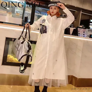 

QING MO Women Black White Mesh Patchwork Blouse Dress Holes Hollow Out Dress Women Bowknot Decorate Dress 2020 ZQY1409