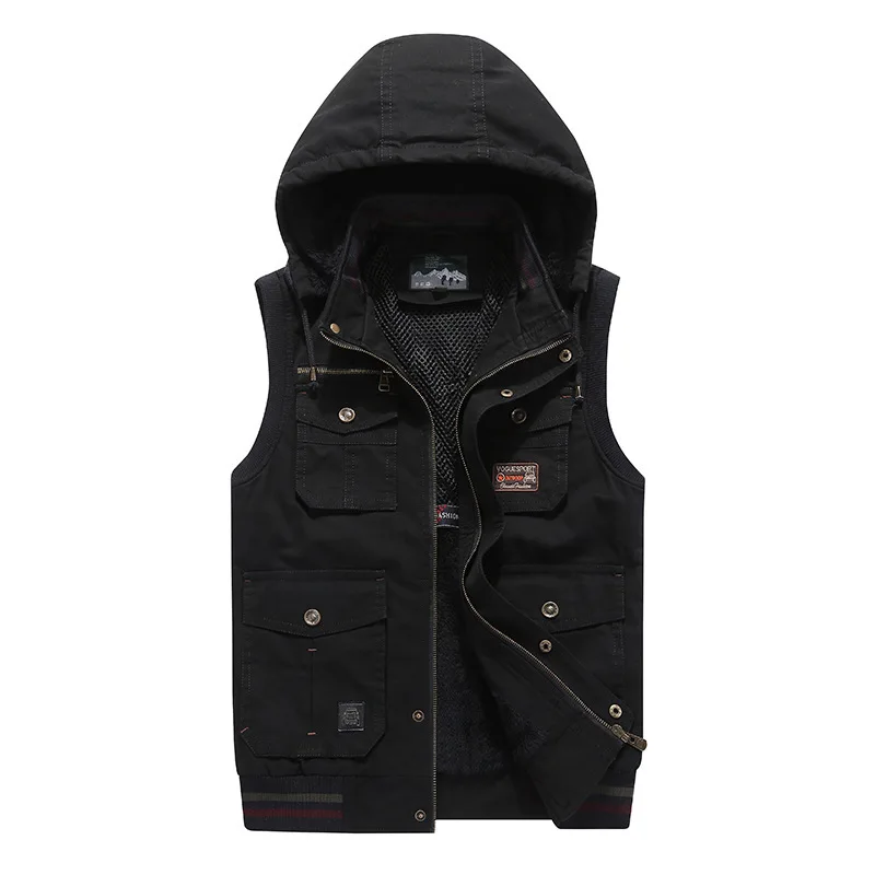 

Brushed And Thick Hooded Warm Multi-pockets Waistcoat Middle-aged Winter Style Waistcoat Large Size Cotton Vest Pure Cotton Vest