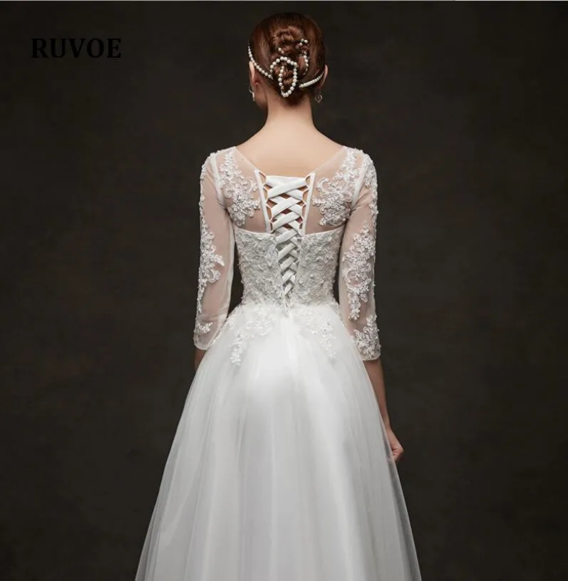 Три четверти рукав Свадебные винтажные платья со шнуровкой вышивка Vestidos De Noivas плюс размер свадебные бальные платья SZ-17