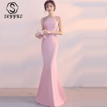 

Skyyue Evening Dress O-Neck Sleeveless Tank Embroidery Women Party Dresses Pearls Elegant Empire Mermaid Robe De Soiree C189