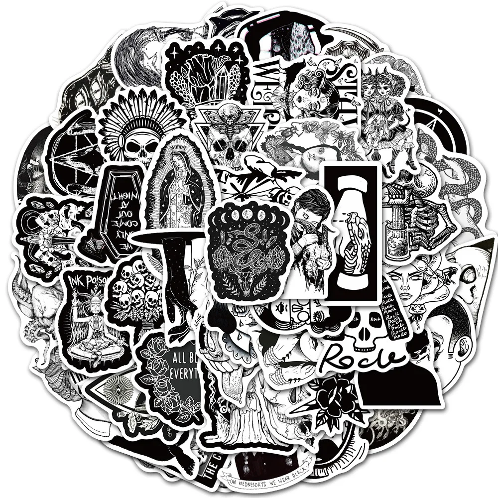 Maleta con patrón de horror punk gótico, pegatina para patineta, decoración de grafiti, blanco y negro, 10/30/50 Uds., venta al por mayor