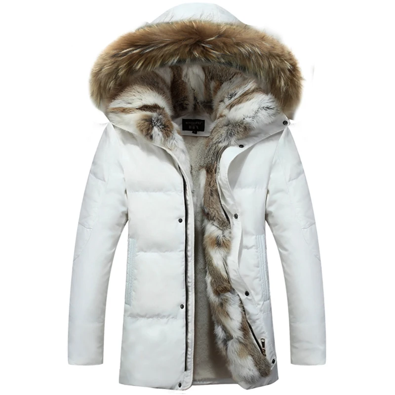 5XL куртка из белой утиной кожи, зимнее пальто, Женское пальто из гусиного пера, длинная куртка из меха енота, утепленная теплая зимняя куртка XL, Женская парка - Цвет: hair collar  white