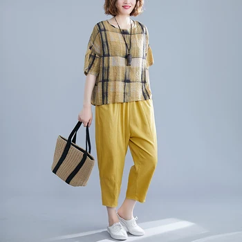 

summer new women pants suits plaid cotton linen loose t-shirts and solid wide leg ankle length pant lady pants suits top quality