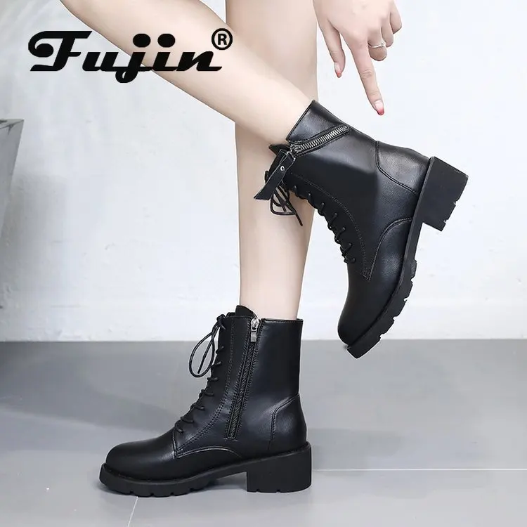 Женские зимние ботинки Fujin черные кожаные на платформе с теплым мехом и шнуровкой