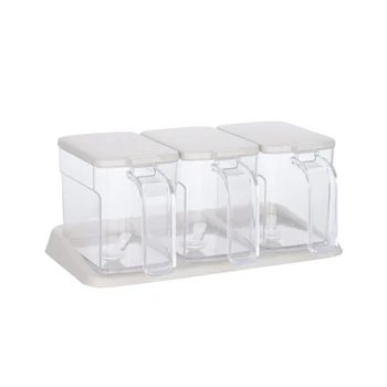 

3 In 1 Cruet Home Condiment Sugar With Spoons Salt Easy Clean Modern Restaurant Clear Seasoning Box Storage Container Jar