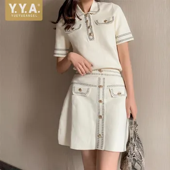 

Women Clothes Summer Matching Set Outfit Office Ladies Knitting Sets Lapel T-Shirt A-Line Skirts High Waist Shorts Flare Pants