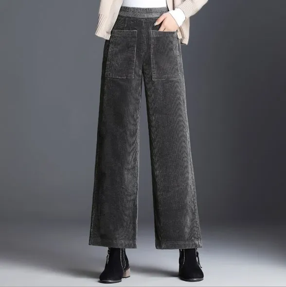 Womens Autumn Winter Corduroy Wide Leg Pants Formal Trousers Women Casual Bell Bottom Pants Korean Female Loose Pants - Цвет: Серый