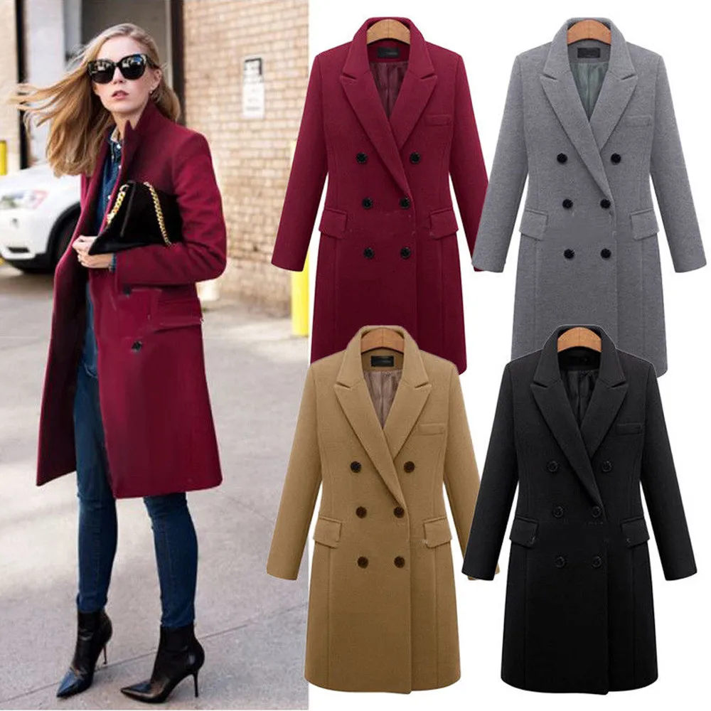 Winter Women Lapel Woollen Blends Coat Solid Trench Jacket Oversize Long Overcoat Turn-Down Collar Outwear Jacket Plus Size Coat