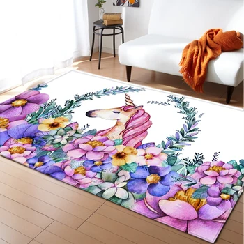 

Nordic Flower Unicorn Floor Carpet Girls Room Bedside Play Mat Tent Area Rug Anti-slip Flannel Home Decor Big Living Room Carpet