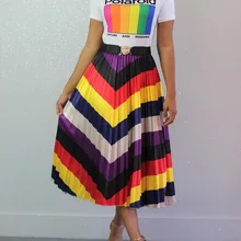Женские винтажные волнообразные красочные в полоску, с высокой талией, длина до середины голени плиссированные юбки ношения при активном образе жизни модная юбка наряд MYZ1049
