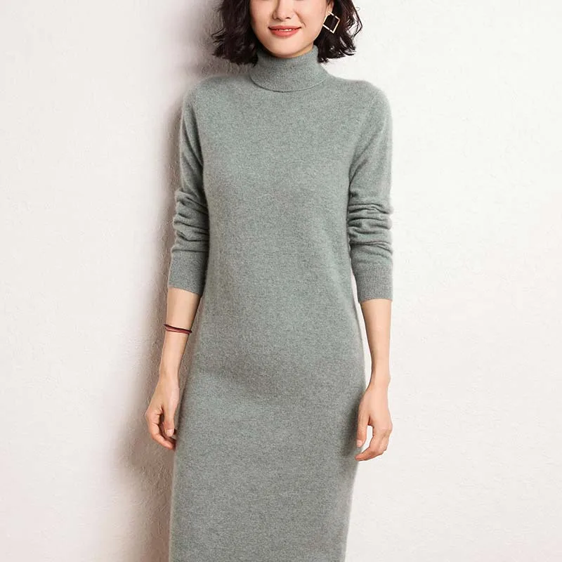 mongolian Cashmere dress Women Long Sweater Dress Female Autumn Winter Long Sleeve Loose knitted Sweaters Dresses - Цвет: green