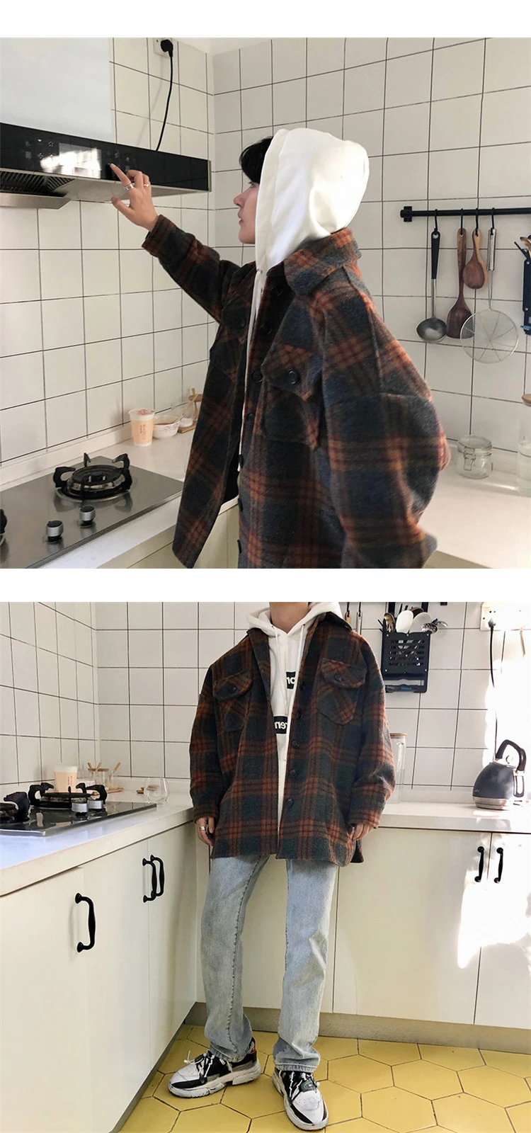Early Autumn New Korean Men's Loose Lapel Woolen Ins Super Fire Casual Student Lattice Harajuku Street Warm Jacket