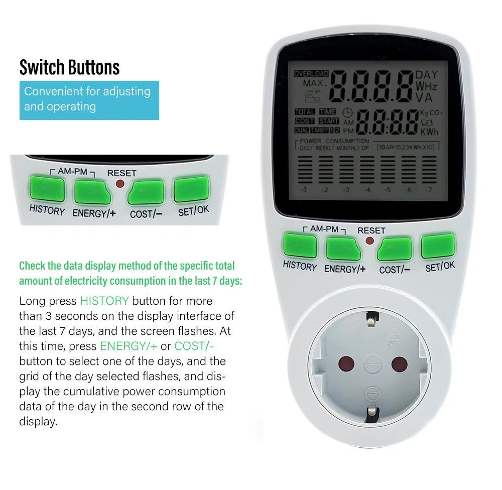 EU Digital LCD Energy watt Meter Wattmeter Wattage Electricity Kwh Power monitor Electric Meter Measuring Outlet Power Analyzer power meter